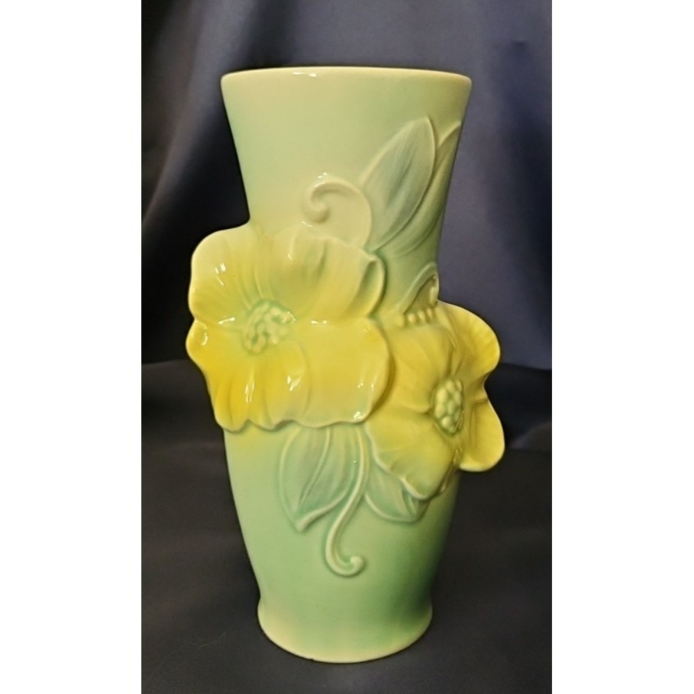 Vintage Art Pottery Royal Copley 7" Green Vase Yellow Floral Design